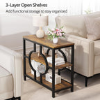 End Table, Narrow Side Table with 3-Tier Storage Shelves, Wood Sofa Side Table with Geometric Metal Frame for Living Room, Industrial Bedside Nightstand for Bedroom (1, Brown)
