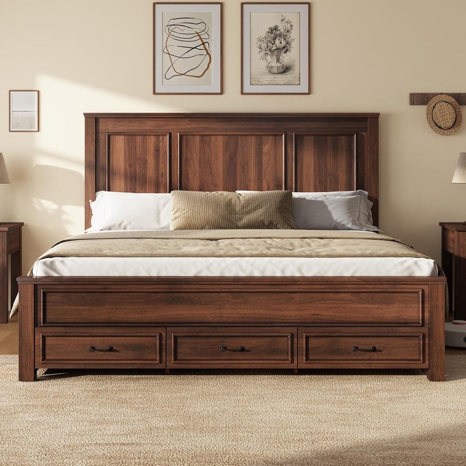 AMERLIFE 52.2" King Size Farmhouse Bed Frame with Headboard, Rustic Brown