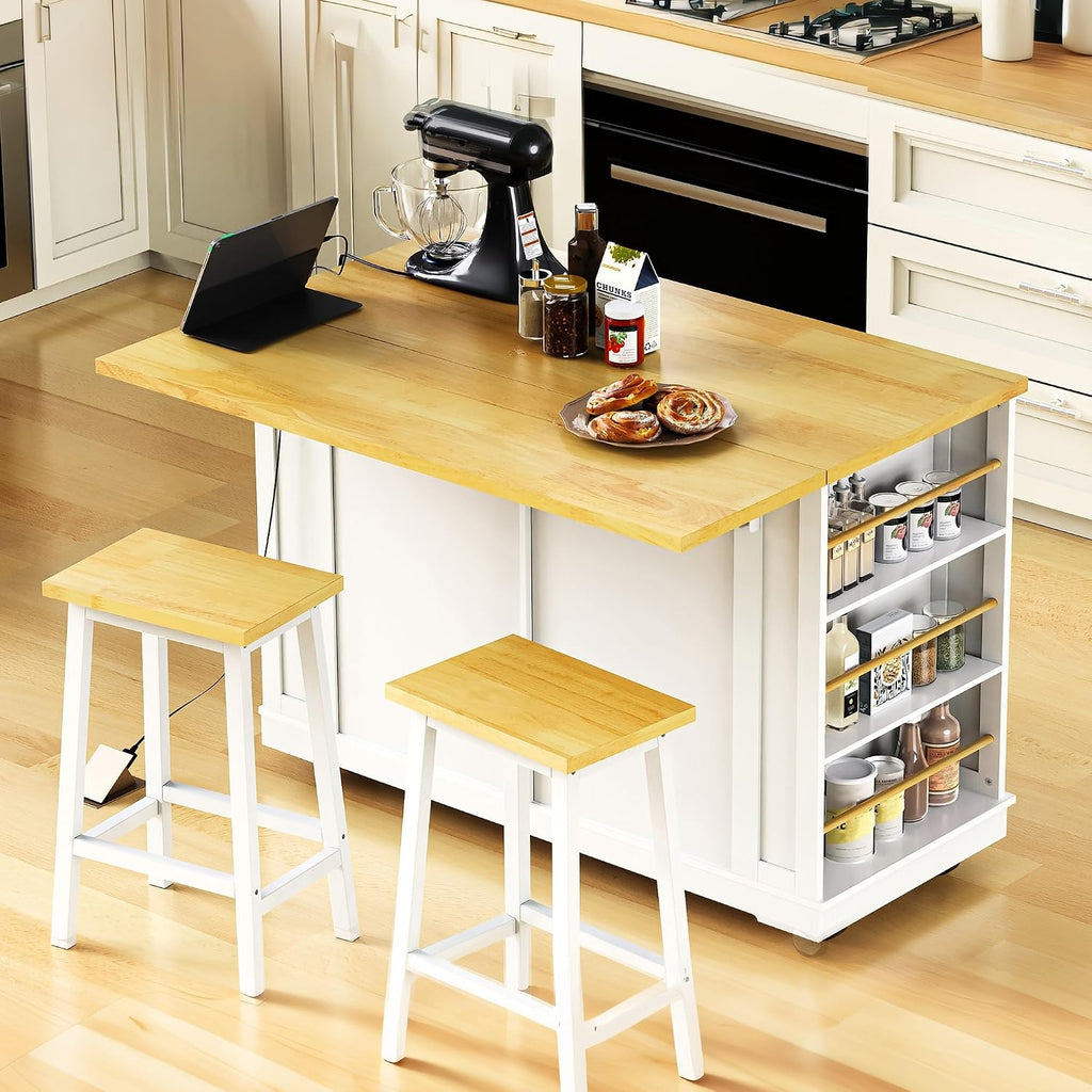 48" Kitchen Island with Drop Leaf, Power Outlet and Wheels | Drop Leaf Extension, Built-In Power Outlet, Rolling Wheels, 48 Inch Width, Kitchen Storage