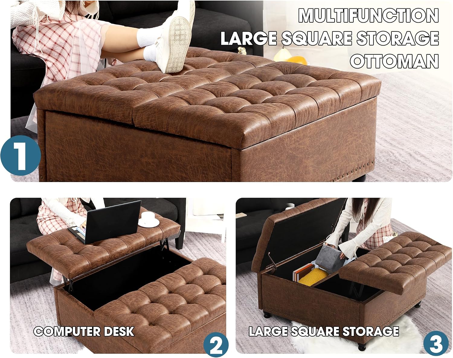 Grepatio 35.5" Large Square Storage Ottoman, Lift Top Ottoman Square Bench with Storage, Tufted Upholstered Ottomans, Ottomans Coffee Tables for Living Room, Bedroom (Brown)