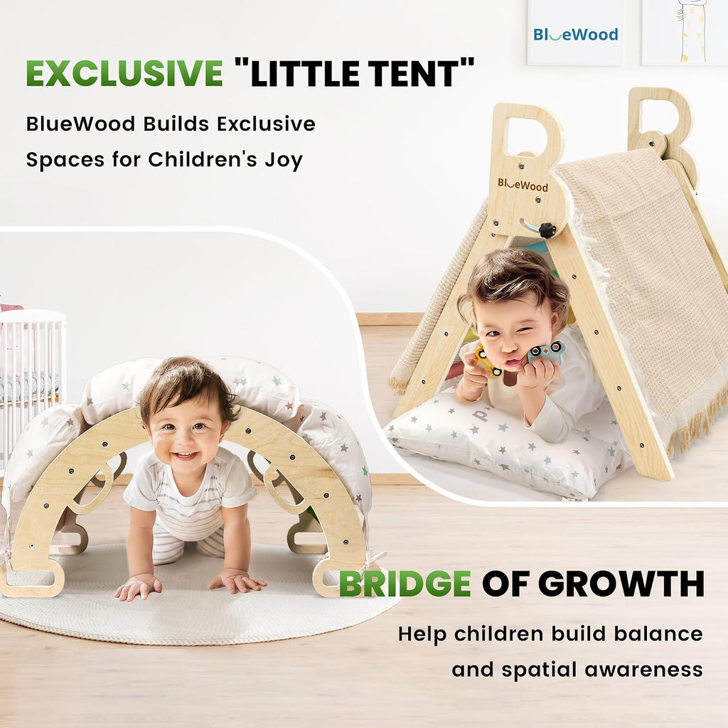 BlueWood Pikler Triangle Set Rainbow with Cushion and Wooden Busy Board