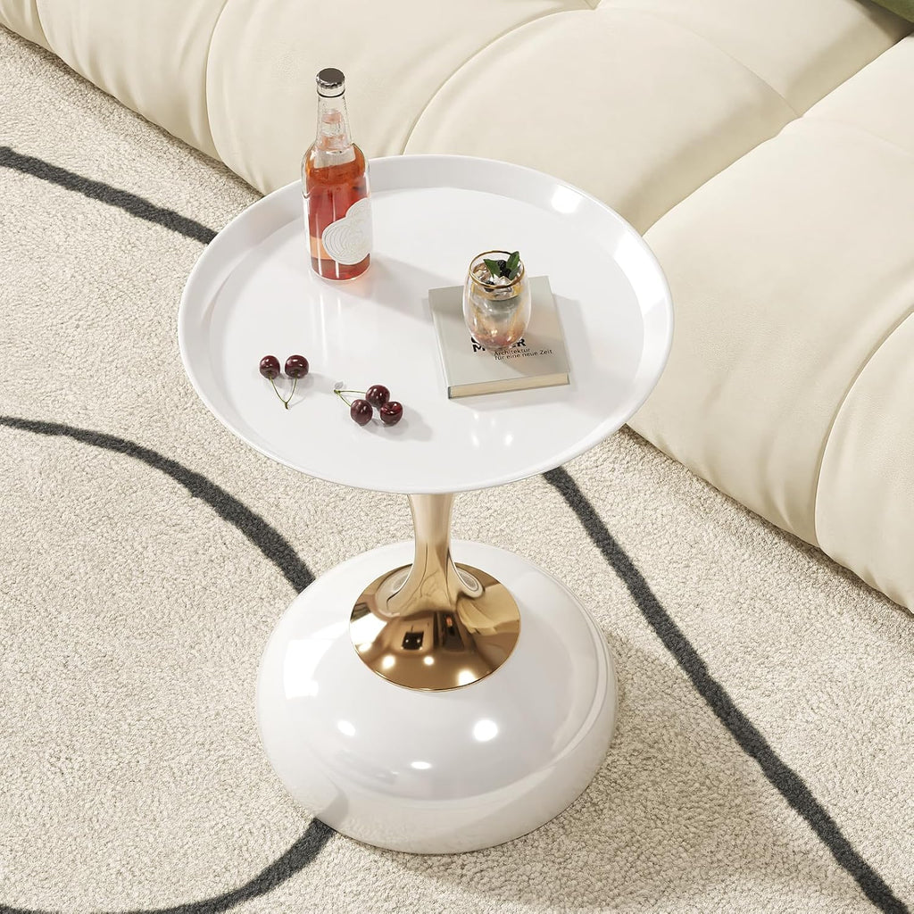 Small White Round Side Table with Gold Pedestal Base - Modern Chic Accent End Table for Living Room, Bedroom & Office Spaces
