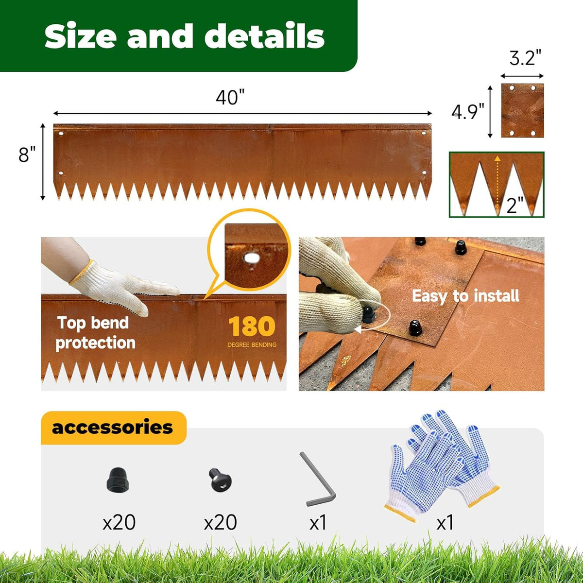 Cor Ten Steel Metal Landscape Edging 40 inch with Top Bending Protection Pre-Rusted Cor Ten Steel Garden Edging 8 Inch Depth 180 Degree Bend 6 Pack for Lawn Yard (8 inch-180 Degree Bend, Rusted)