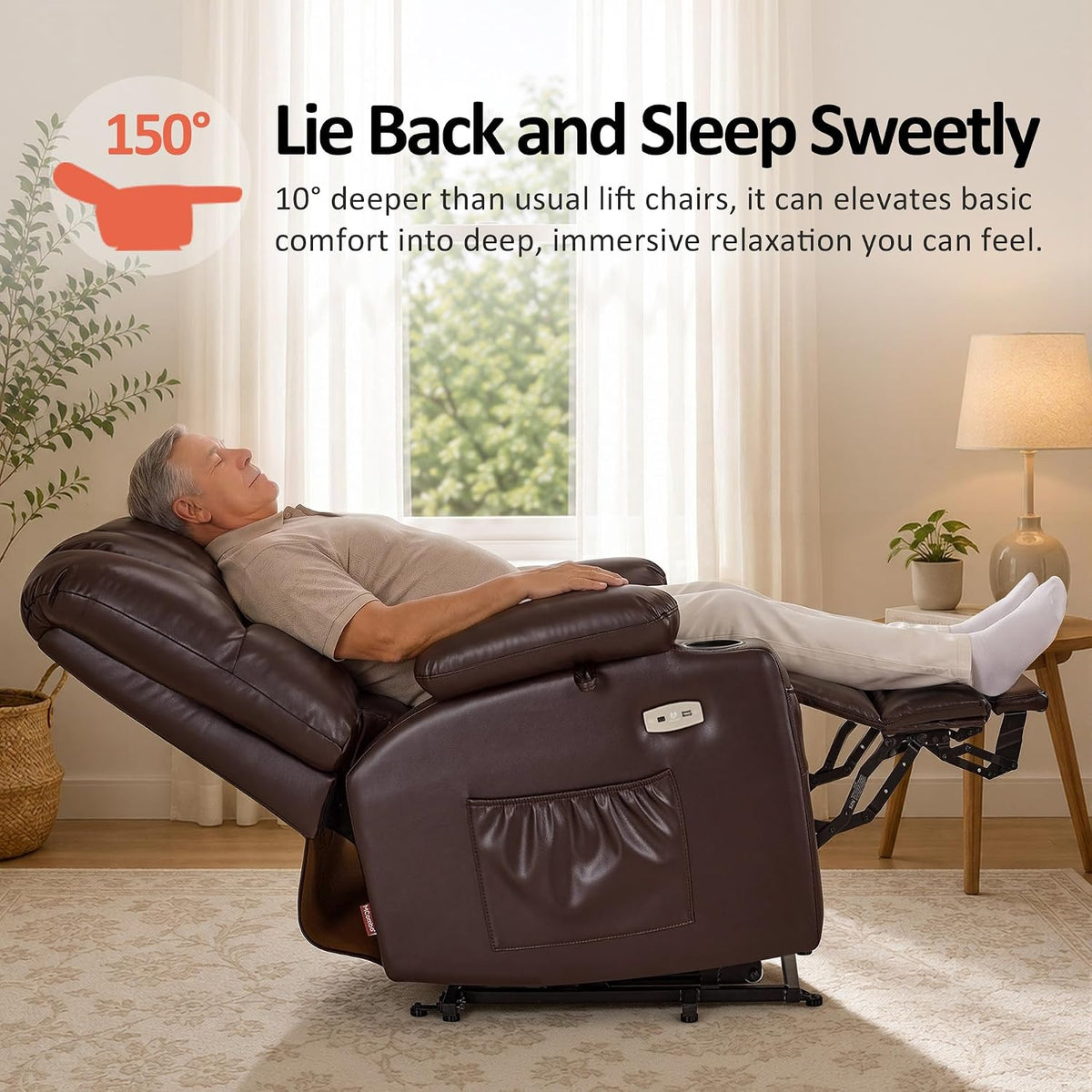 MCombo Oversized Power Lift Recliner Chair for Elderly R7092 (Dark Brown) | Stand Assistance, Wide seat, Heat and Massage, 4.7" Extra Footrest, 150° Max Recline, USB Ports, Cup Holders, Faux Leather