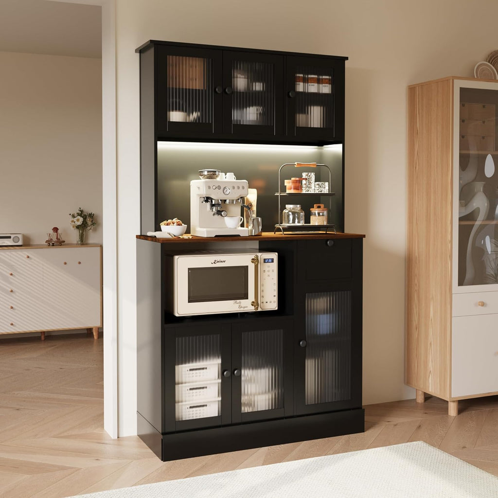 71" Kitchen Hutch Cabinet with Storage for Living & Dining Room, Kitchen Pantry Cabinet with LED Light & Outlet, Black and Walnut