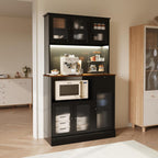 71" Kitchen Hutch Cabinet with Storage for Living & Dining Room, Kitchen Pantry Cabinet with LED Light & Outlet, Black and Walnut