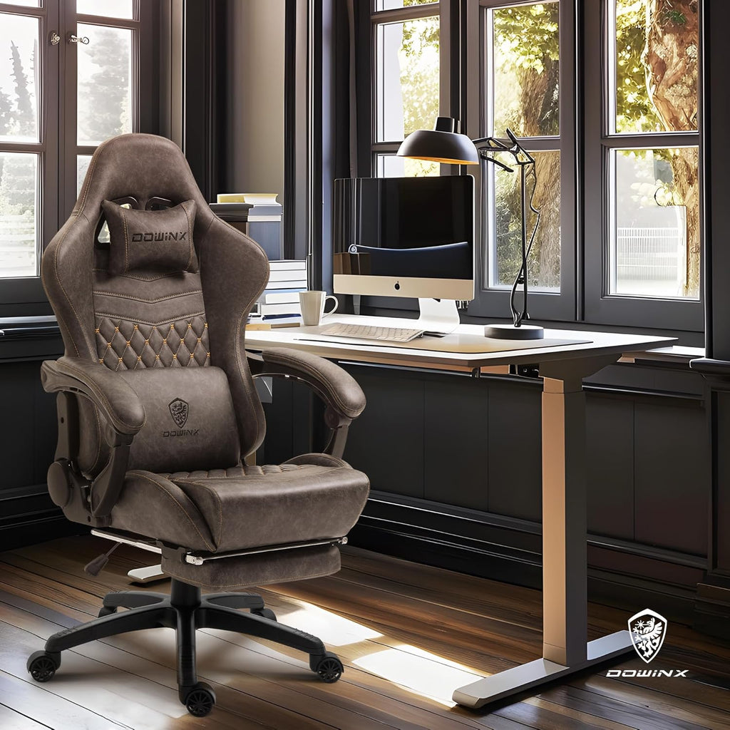 Dowinx Big & Tall Vintage Gaming Chair for Adults, 400 lb Capacity Heavy Duty Ergonomic Computer Chair with Massage Lumbar, Footrest & Easy Side Recline, Brown