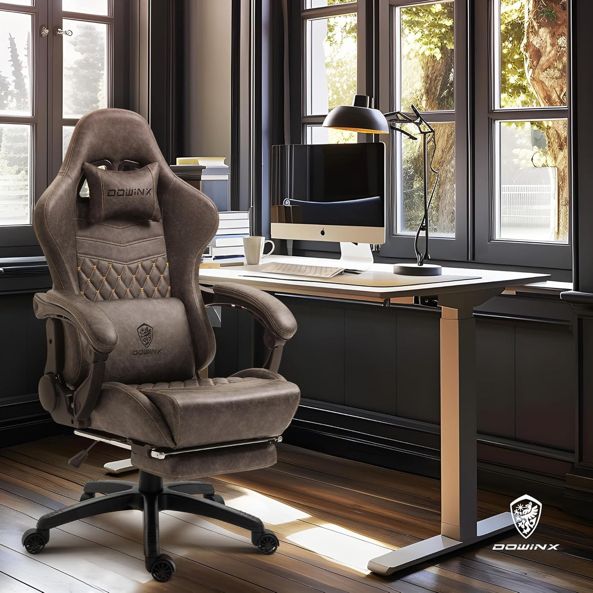 Dowinx Big & Tall Vintage Gaming Chair for Adults, 400 lb Capacity Heavy Duty Ergonomic Computer Chair with Massage Lumbar, Footrest & Easy Side Recline, Brown
