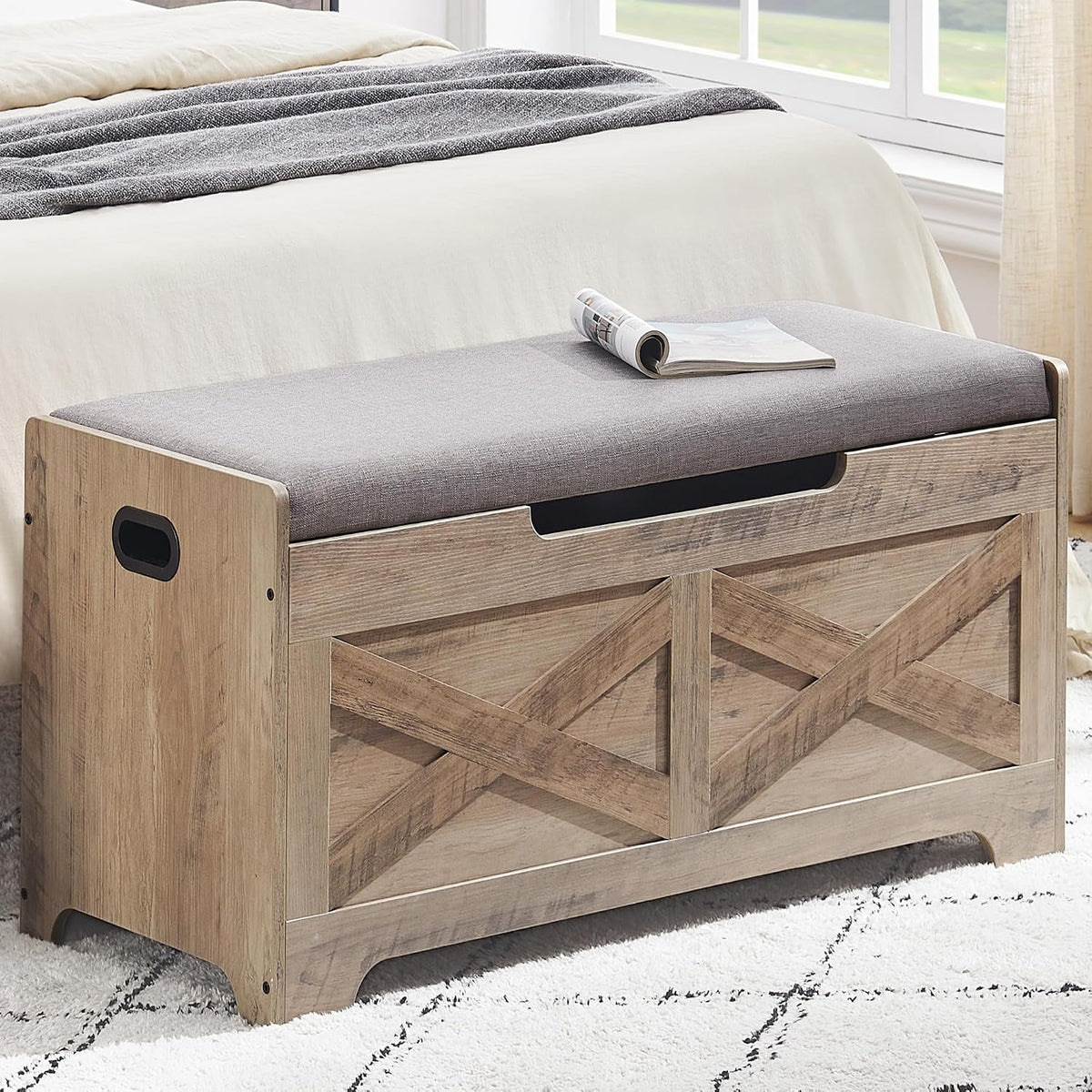 coucheta Storage Chest, Farmhouse Storage Trunk, Wooden Entryway Storage Bench with Safety Hinge and Lift-Top for Entryway, Living Room, Grey