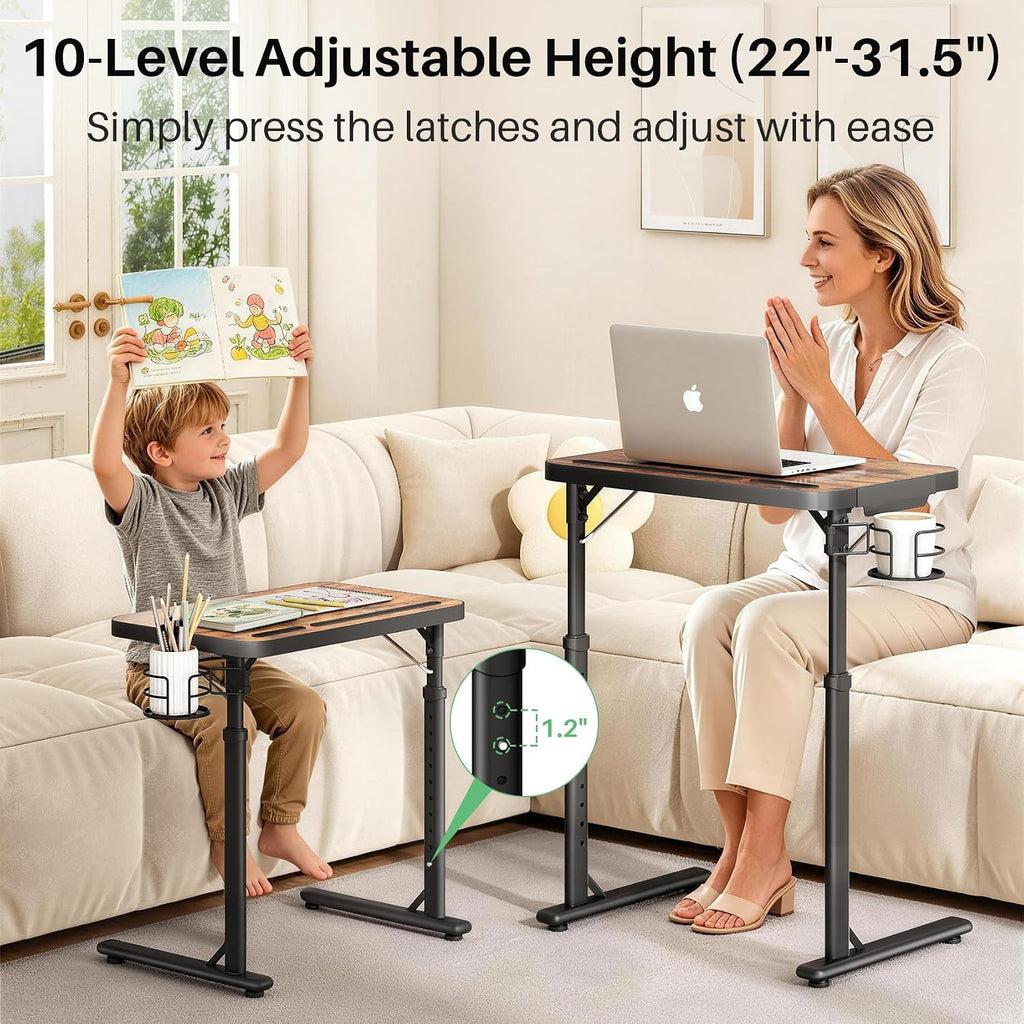 Kitstorack Large Adjustable TV Tray Table with Tilting Tabletop for Couch | Device slot, rotatable cup holder, magnetic edge stopper, folding design, for bed, laptop work, dining, gaming