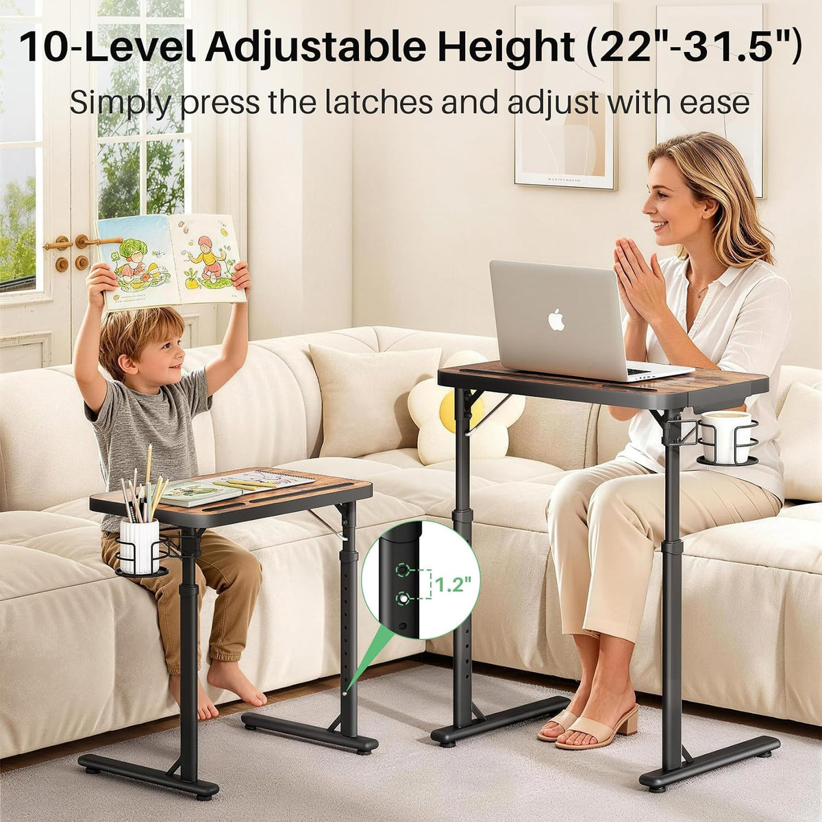 Kitstorack Large Adjustable TV Tray Table with Tilting Tabletop for Couch | Device slot, rotatable cup holder, magnetic edge stopper, folding design, for bed, laptop work, dining, gaming