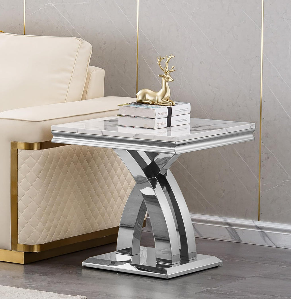 1 Piece Living Room End Table Luxury Faux Marble Sofa Side Table, Modern White Silver End Table with X-Shape Stainless Steel Pedestal Base