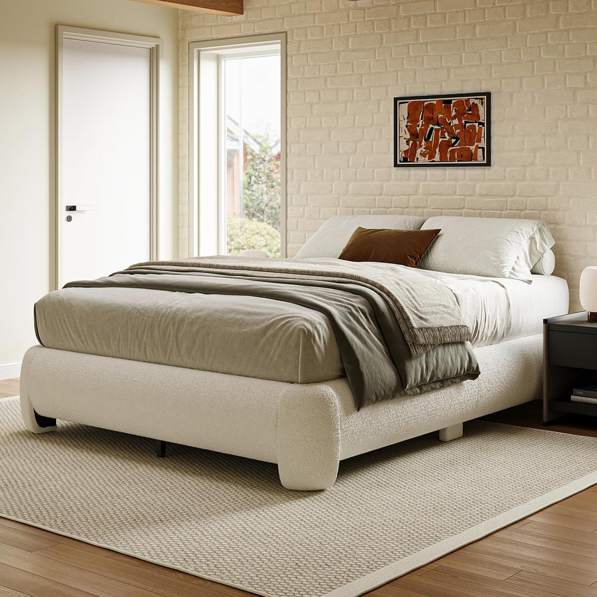 Cloud Full Size Platform Bed Frame, Soft Boucle Bed Frame with Round Corner, Upholstered Bedframe Full with Heavy Duty Wood Slat, No Box Spring Needed, Easy Assembly, White