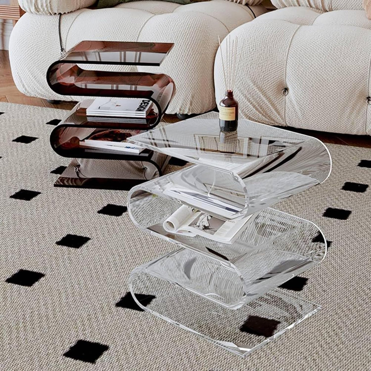 S-Shaped Acrylic End Table, 3 Tier Magazine Holder, Multipurpose Acrylic Side Table & Nightstand for Bedroom Living Room, Modern Furniture Organizer (Brown)