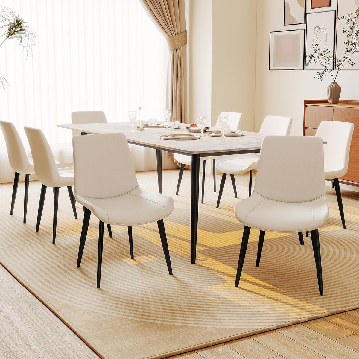 Modern Dining Chairs Set of 4, PU Leather Upholstered Dinner Chairs with Sturdy Metal Legs and Comfort Backrest, Armless Accent Side Chairs for Home Kitchen, Living Room (Light Beige)