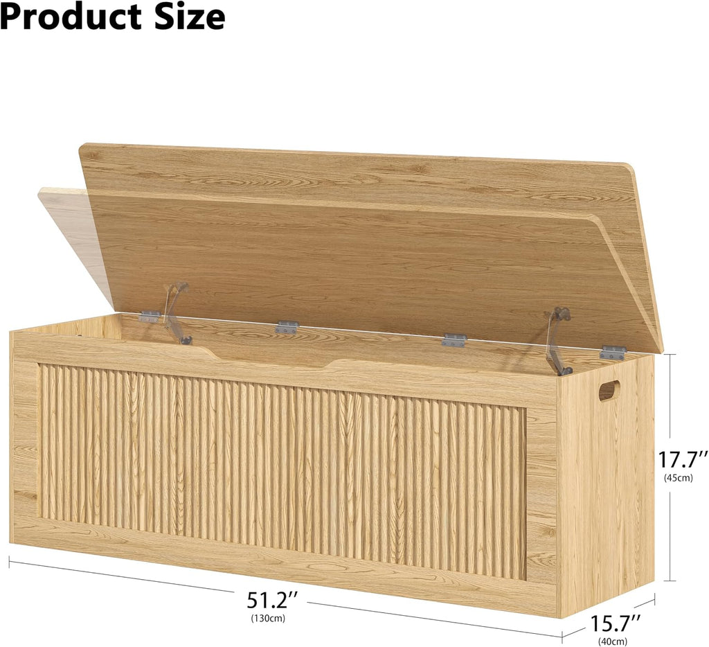 Akxomel 51.2" Fluted Storage Chest Wooden Storage Trunk 2 Safety Hinges Oak | Large Storage Chest with 2 Safety Hinges & Lift Top, Wooden Box Bench, for Living Room, Entryway, Bedroom