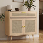 Furnify Rattan Sideboard Buffet, Boho Kitchen Cabinet with Drawer & 2 Doors, Modern Mid Century Accent Cabinet with Adjustable Shelf,Coffee Bar for Living Room, Entryway, Kitchen, Oak