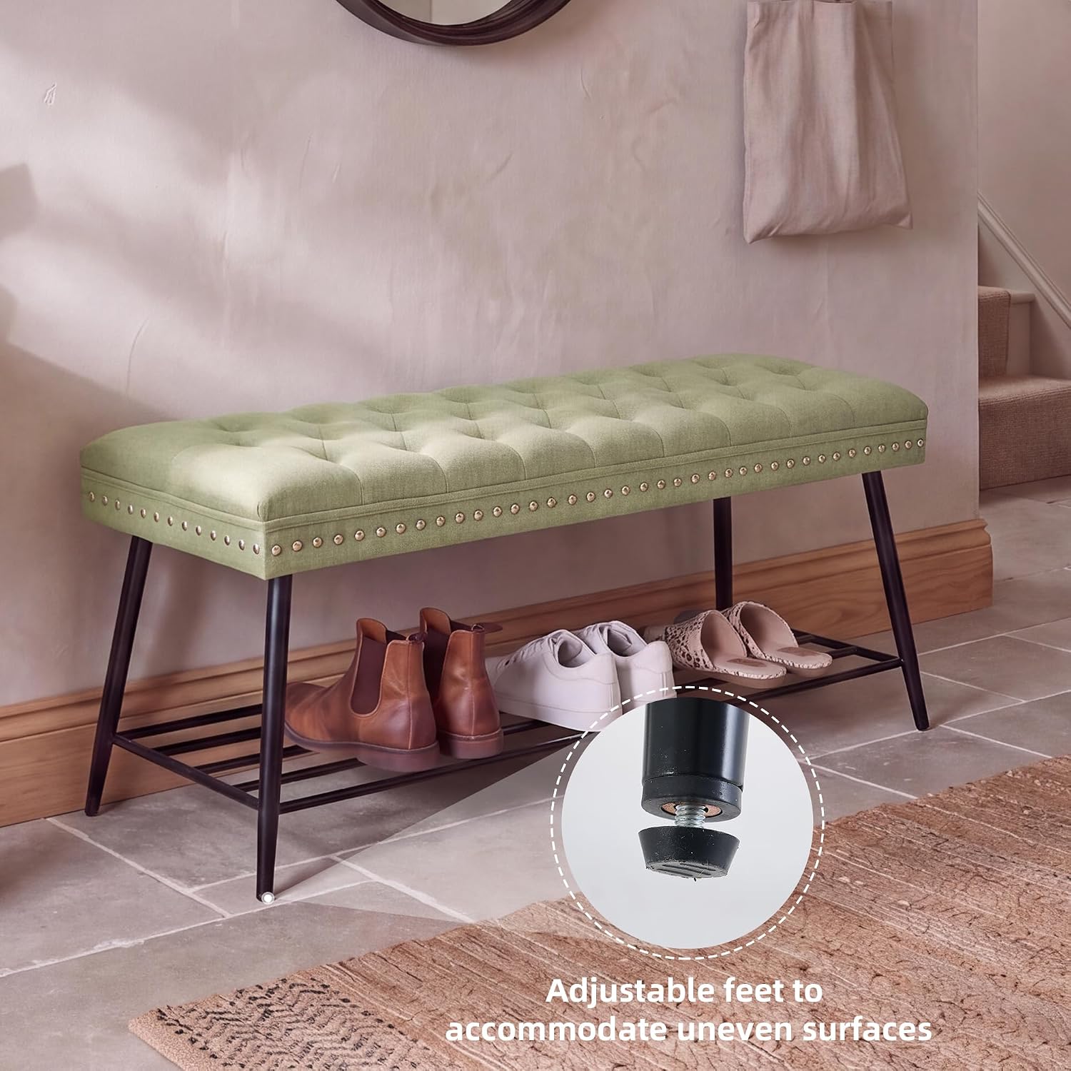 Thick Cushioned Shoe Bench, Entryway Bench with Metal Shoe Rack, Upholstered Tufted Ottoman Bench for Bedroom, End of Bed Bench, Farmhouse Style Storage Bench for Hallway, Living Room, Beige