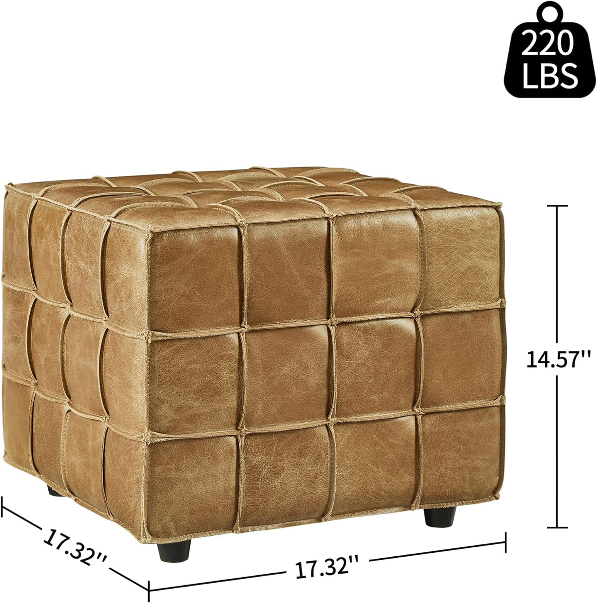 Art Leon Tufted Square Ottoman Leather Footstool Foot Rest Light Brown | Biscuit Tuftinghigh-Density Foamsolid Wood Frame Non-Slip Feet Footrest Extra Seat Seat Living Room Furniture