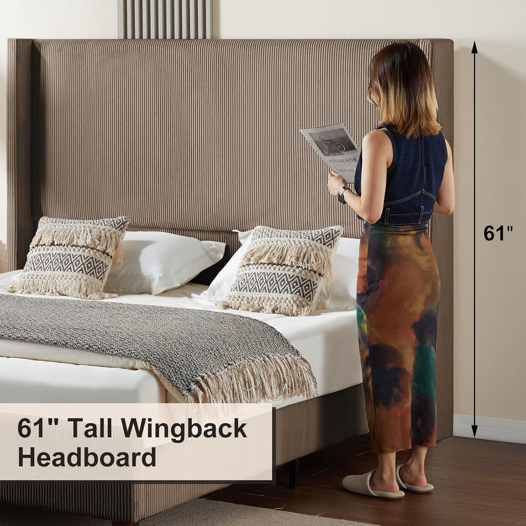 HOWE Upholstered King Size Bed Frame with 61" Wingback Headboard, Chestnut