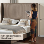 HOWE Upholstered King Size Bed Frame with 61" Wingback Headboard, Chestnut