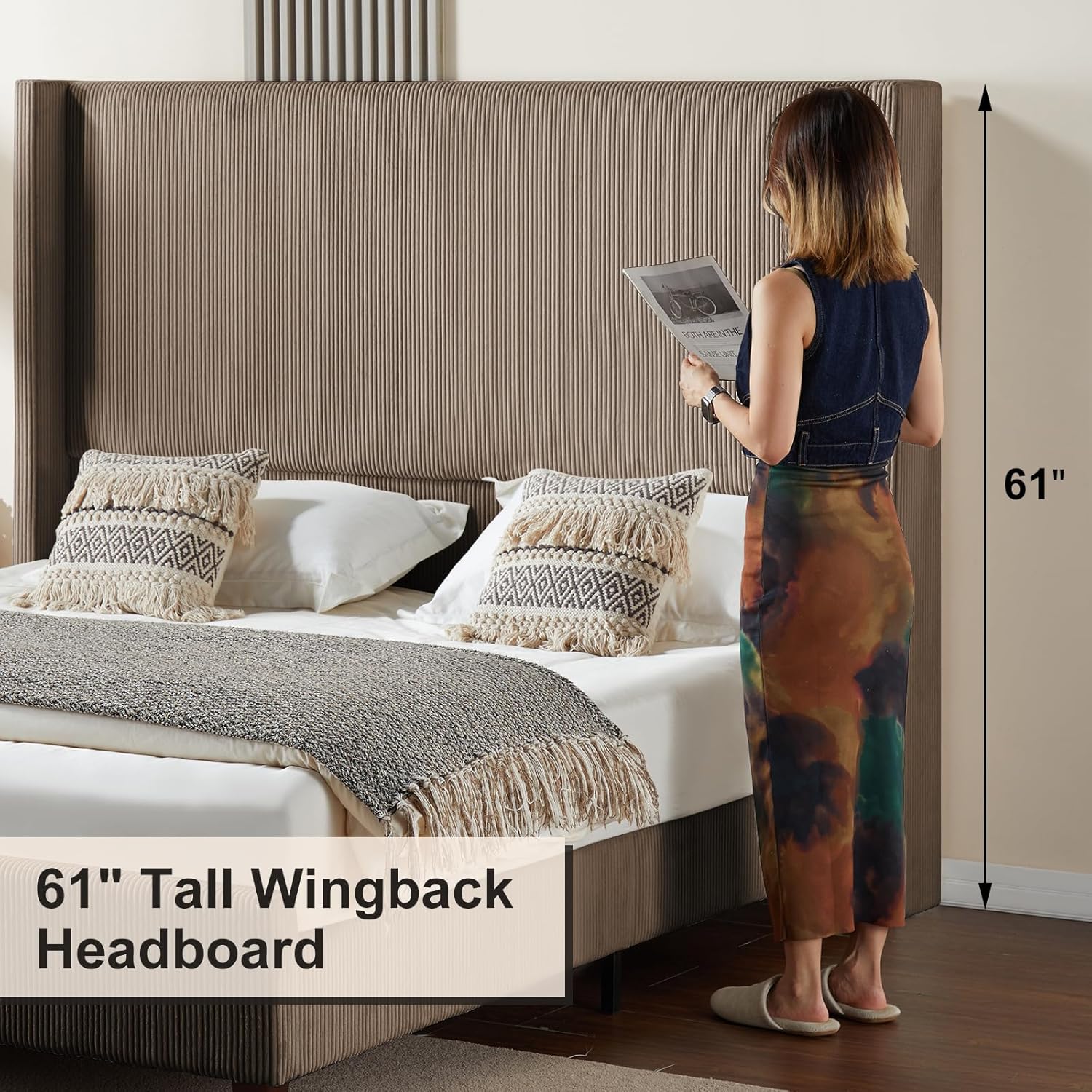 HOWE Upholstered King Size Bed Frame with 61" Wingback Headboard, Chestnut