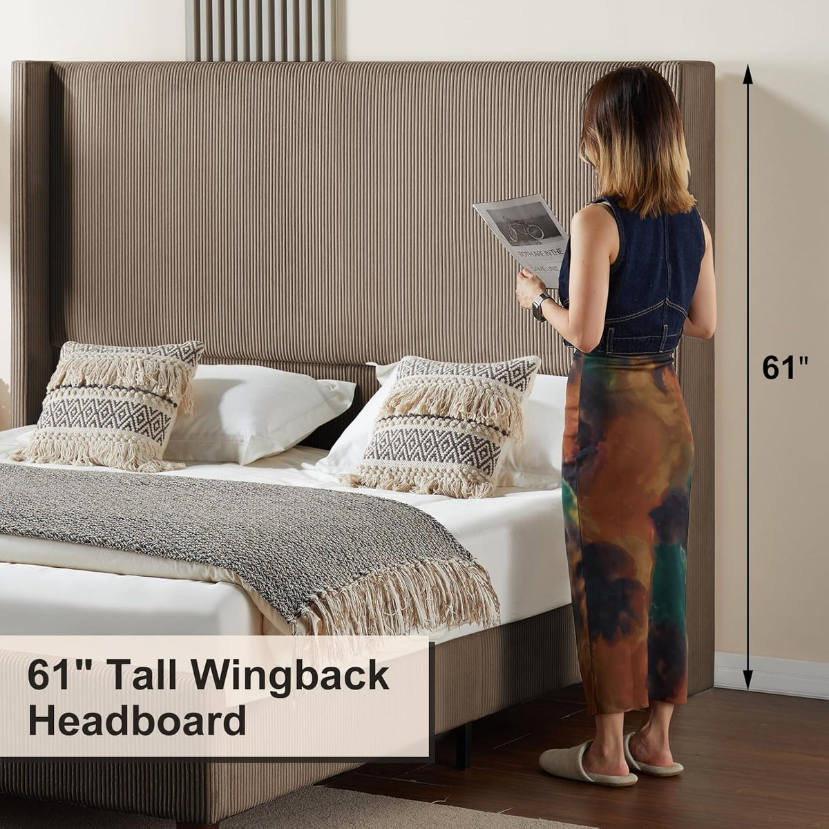 HOWE Upholstered Queen Bed Frame with 61" Tall Wingback Headboard, Chestnut