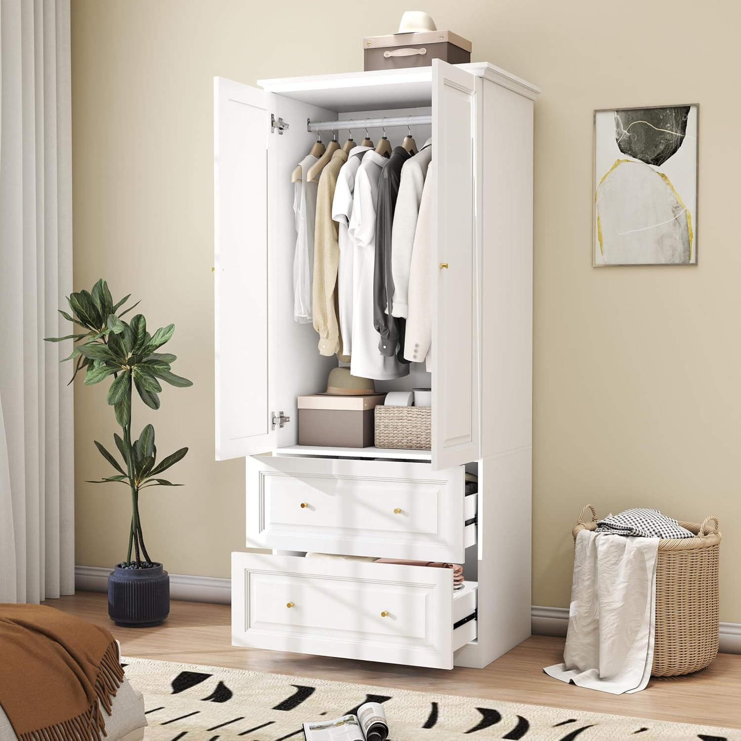 Bedroom Armoires Wardrobe Closet with 2 Doors: 74" White Wardrobe Cabinet with 2 Drawers, Modern Wood Closet for Hanging Clothes, Large Wardrobes Storage Closets (White, 31.4")