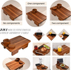 GEHE Real Acacia Wood Couch Armrest Table, 15.4"x9.8" Couch Arm Tray Table, 3 in 1 Removable Sofa Cup Holder wtih 360° Rotated Phone Holder, Clip on Armrest Tray for Drinks, Snacks, Phone, Control