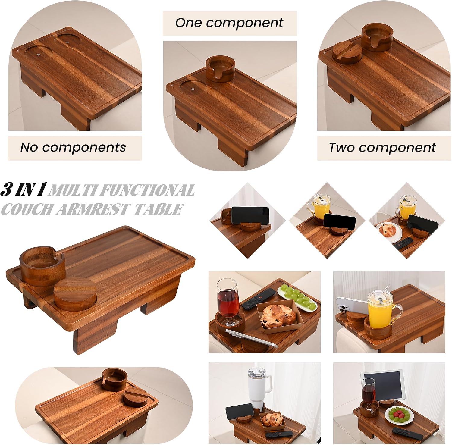 GEHE Real Acacia Wood Couch Armrest Table, 15.4"x9.8" Couch Arm Tray Table, 3 in 1 Removable Sofa Cup Holder wtih 360° Rotated Phone Holder, Clip on Armrest Tray for Drinks, Snacks, Phone, Control