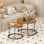 27.6" Round Nesting Coffee Table Set of 2, Rustic Wood Top & Metal Frame | Set of 2 round nesting coffee tables with metal frames and 120 lb capacity. Space-saving stacking design for living rooms