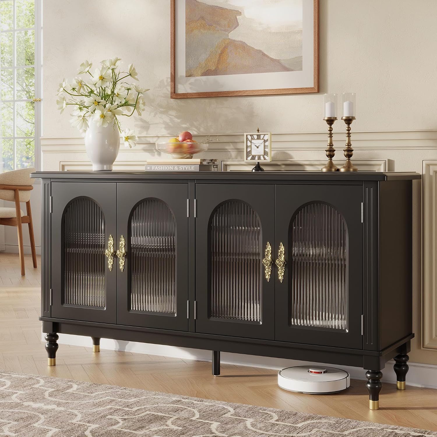 iPormis Fluted Arched Buffet Cabinet with Storage, 59" Modern Sideboard with Glass Door & Adjustable Shelves, Mid Century Modern Solid Wood Credenza Accent Cabinet for Living Room, Entryway, Black
