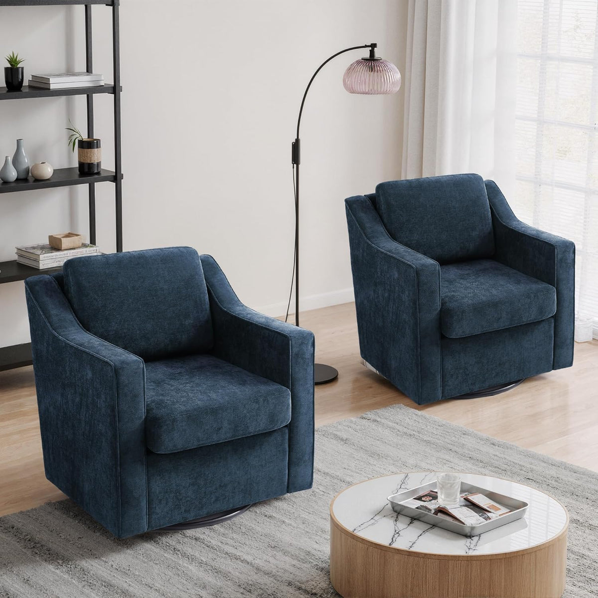 Swivel Accent Chairs Set of 2, Chenille Upholstered Armchair for Living Room, Modern Armrest Chair Comfy Single Sofa Bedroom Reading Seat with Lumbar Pillow - Navy