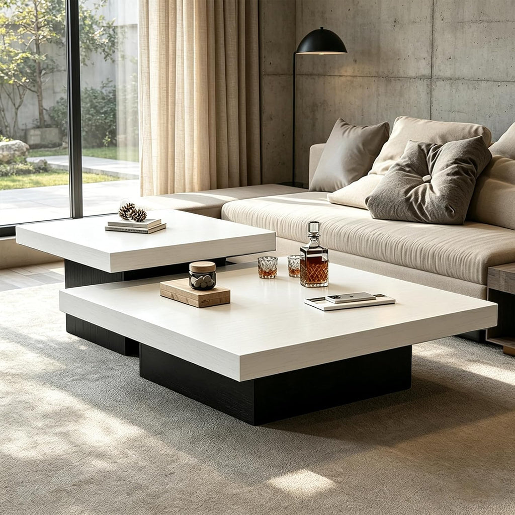Nesting Coffee Table Set of 2, Modern Square Coffee Tables and Side Table Set, Full Floor Structure, Small Wooden Living Room Table for Living Room, Office, Reception Room