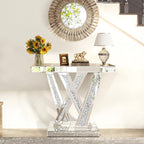 Modern Entryway Console Table with Crushed Diamond Inlay, 35.43" Silver Mirrored Glass Hallway Table for Entryway, Glam Decorative Sofa Tables for Living Room