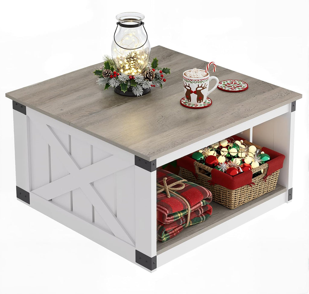 WLIVE Coffee Table, Farmhouse Coffee Table with Open Storage, 31.5" Wood Square Living Room Tables, Rustic Dining Cocktail Center Table for Living Room, Grey & White