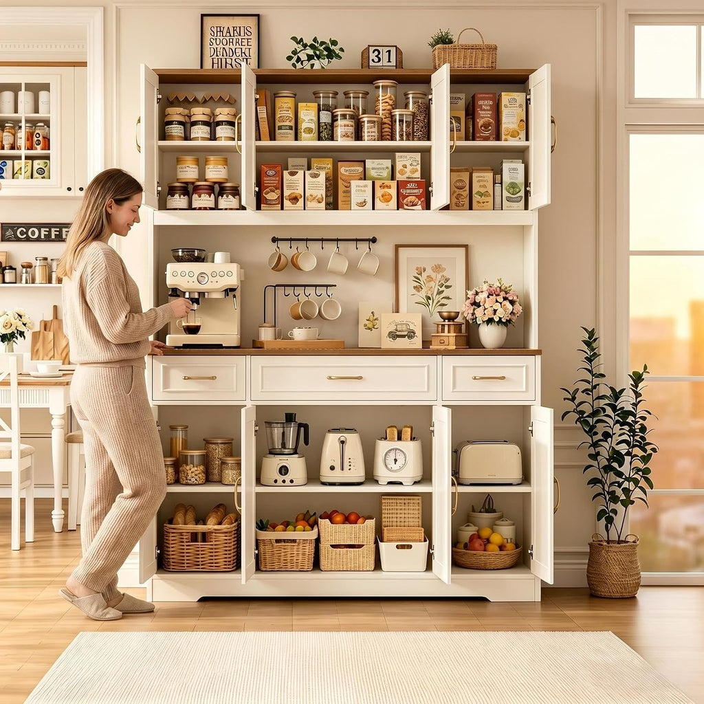 71" Tall Farmhouse Kitchen Pantry Cabinet, 55" Wide Storage Hutch with LED Lights, Charging Station, Drawers & Adjustable Shelves, Multi-Purpose Microwave Coffee Bar for Kitchen Dining Room (White)