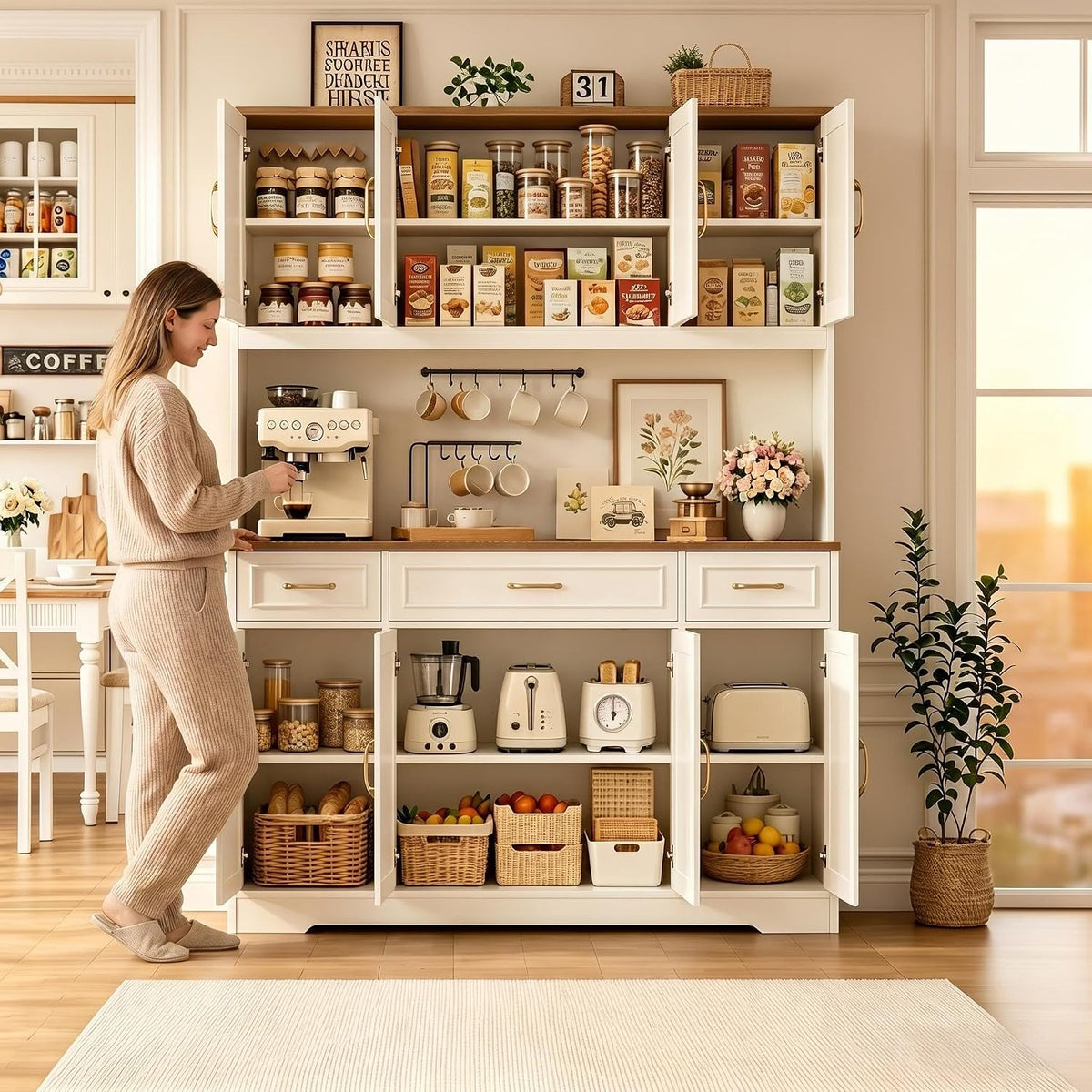71" Tall Farmhouse Kitchen Pantry Cabinet, 55" Wide Storage Hutch with LED Lights, Charging Station, Drawers & Adjustable Shelves, Multi-Purpose Microwave Coffee Bar for Kitchen Dining Room (White)