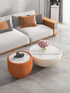 Modern Bowl-Shape End Table with Marbled Top, 19.69" Round Sofa Side Table with PU Leather Metal Base, Otange Center Table Cocktail Table, Small Accent Nightstand for Living Room