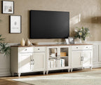 WAMPAT Farmhouse TV Stand for 100 Inch TV, 3-in-1 Wooden TV Console Table for 75/80/85/90 Inch TV, Entertainment Center with Glass Door, Kitchen Sideboard Buffet Cabinet for Dining Room, Off White