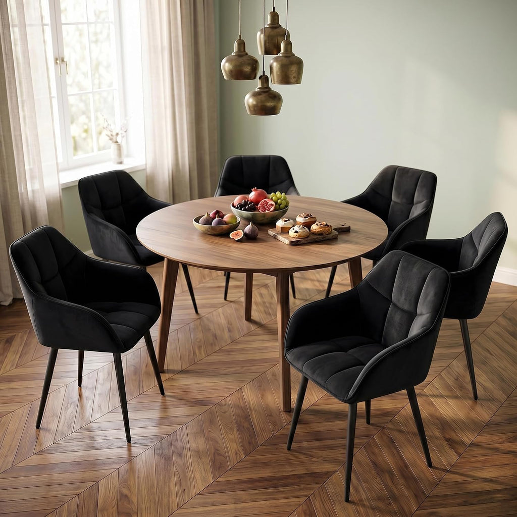 Modern Black Velvet Dining Chairs Set of 2, Upholstered Tufted Side Chairs with Arms, Black Metal Legs, Accent Arm Chairs for Kitchen, Dining Room, Living Room (Black)