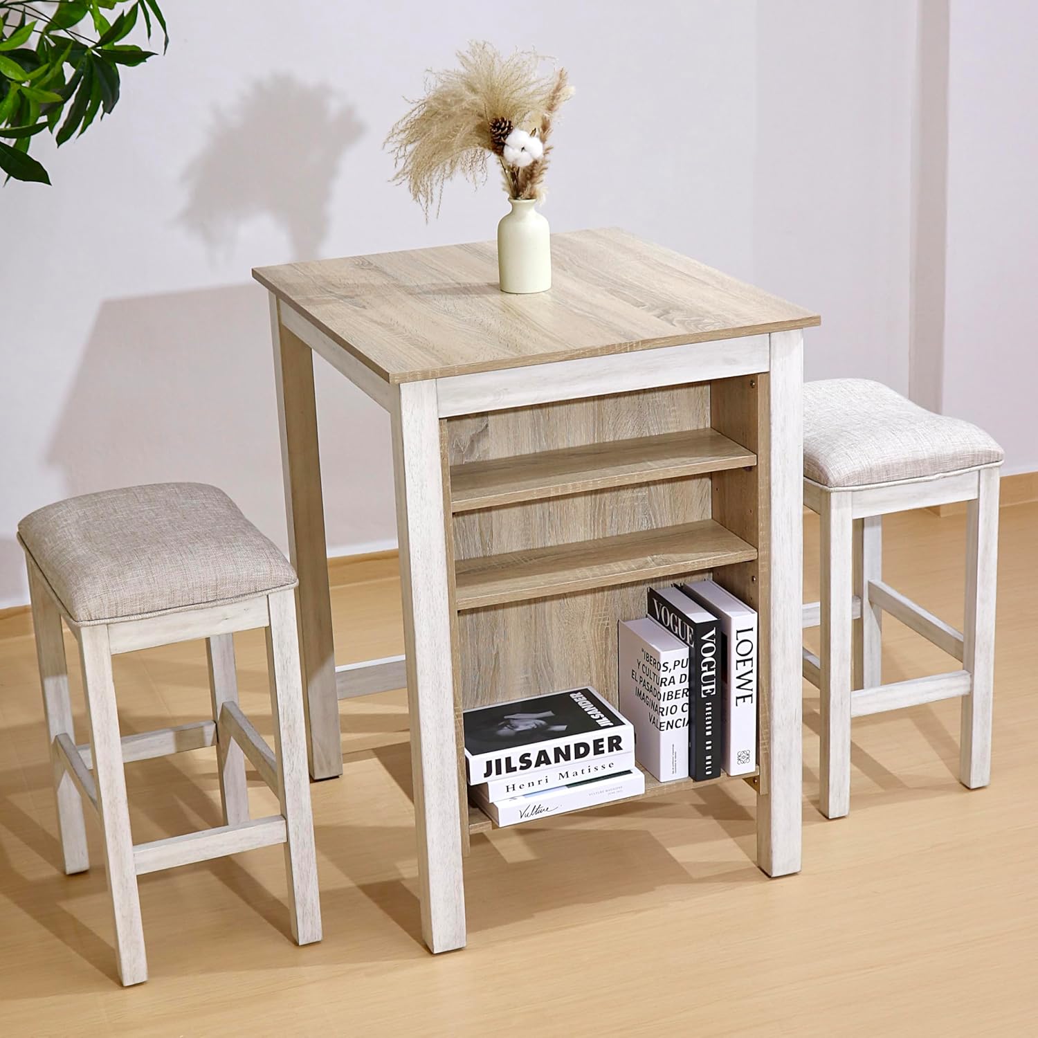 3-Piece Wooden Dining Table Set, Kitchen Island with Seating for 2, Kitchen Bar Table with Stools, Counter Height Dining Table Set, Weathered Birch & Antique White, Farmhouse Style