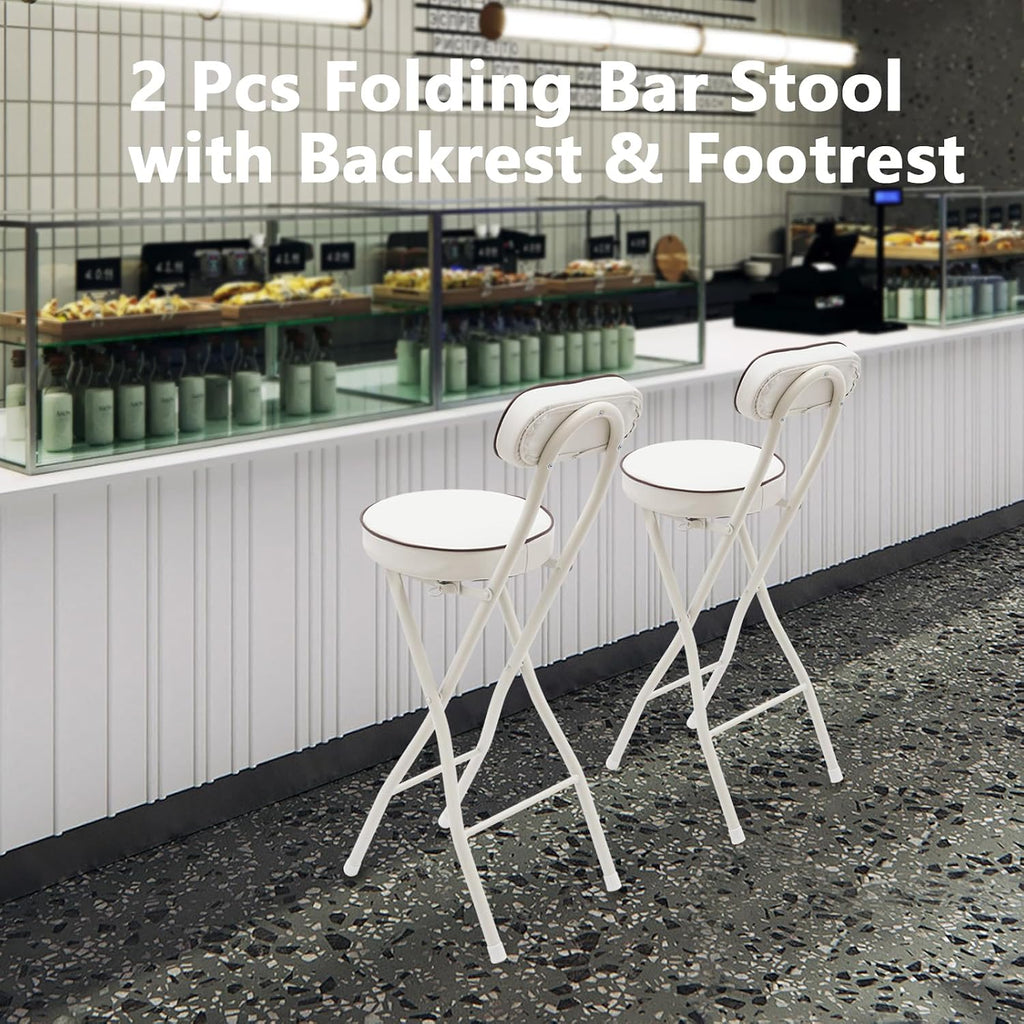 2 Pcs Folding Bar Stool with Backrest & Footrest 25.6in Height Tall Foldable Stool Chair Leather Padded for Kitchen Bar Shop 275.58 lbs Capacity White