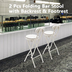 2 Pcs Folding Bar Stool with Backrest & Footrest 25.6in Height Tall Foldable Stool Chair Leather Padded for Kitchen Bar Shop 275.58 lbs Capacity White
