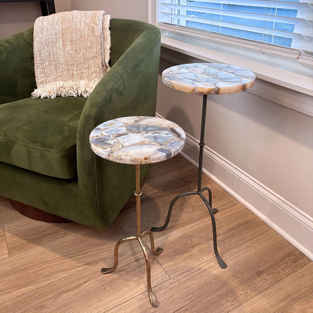 East at Main Agate Stone Cocktail and Martini Tables Set of 2 – Handcrafted Accent Tables with Polished Agate Tops, Side Tables for Living Room, Matte Black and Antique Brass Bases, 11” and 10” Sizes