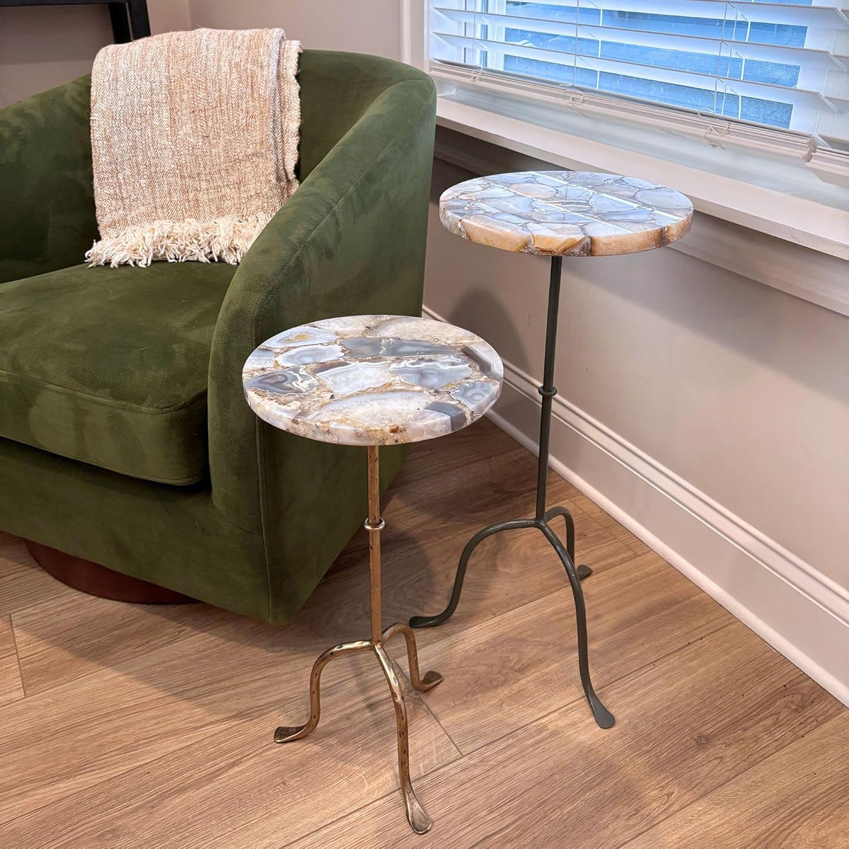 East at Main Agate Stone Cocktail and Martini Tables Set of 2 – Handcrafted Accent Tables with Polished Agate Tops, Side Tables for Living Room, Matte Black and Antique Brass Bases, 11” and 10” Sizes