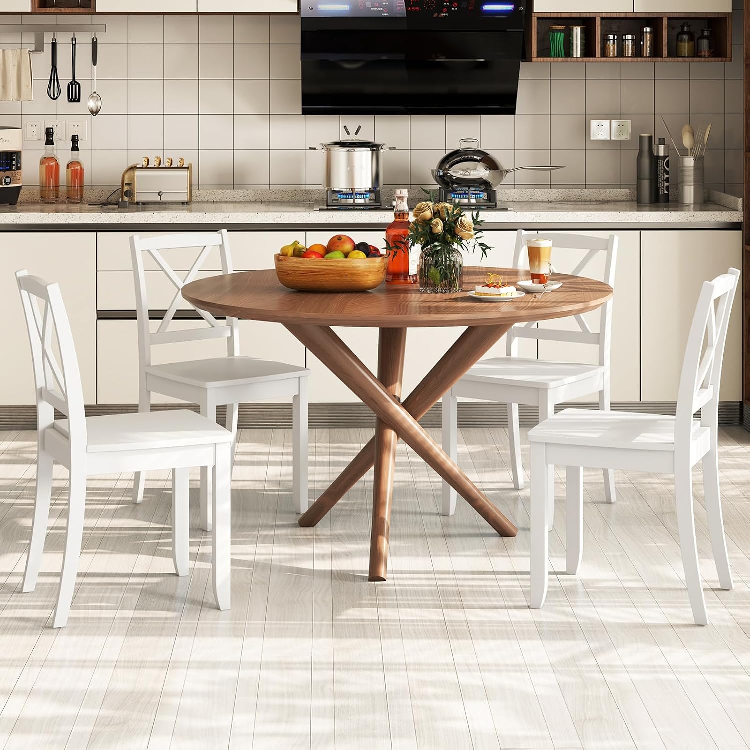 GOFLAME Dining Chairs Set of 4, Kitchen Chairs with Rubber Wood Legs & Cross Back, Farmhouse Armless Dinette Chairs for Dining Room, Living Room, Restaurant, 400 LBS Load Capacity, White