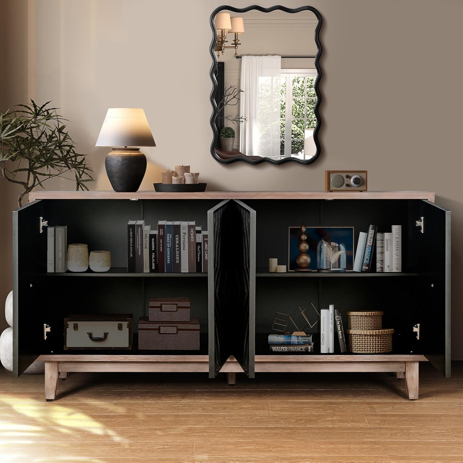 60 Inches Black Large Farmhouse Sideboard Buffet with Storage, Retro Credenza Console Table with Adjustable Shelves for Kitchen, Dining Room, Living Room, Entryway, Antique Black