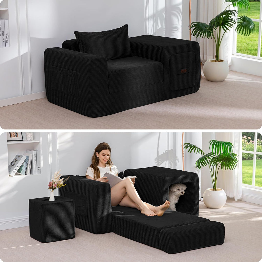 MAXYOYO Folding Sofa Couch, Convertible Floor Sofa with Armrest, Multifunctional Sofa with Pillow and Pockets, Couch for Living Room, Black
