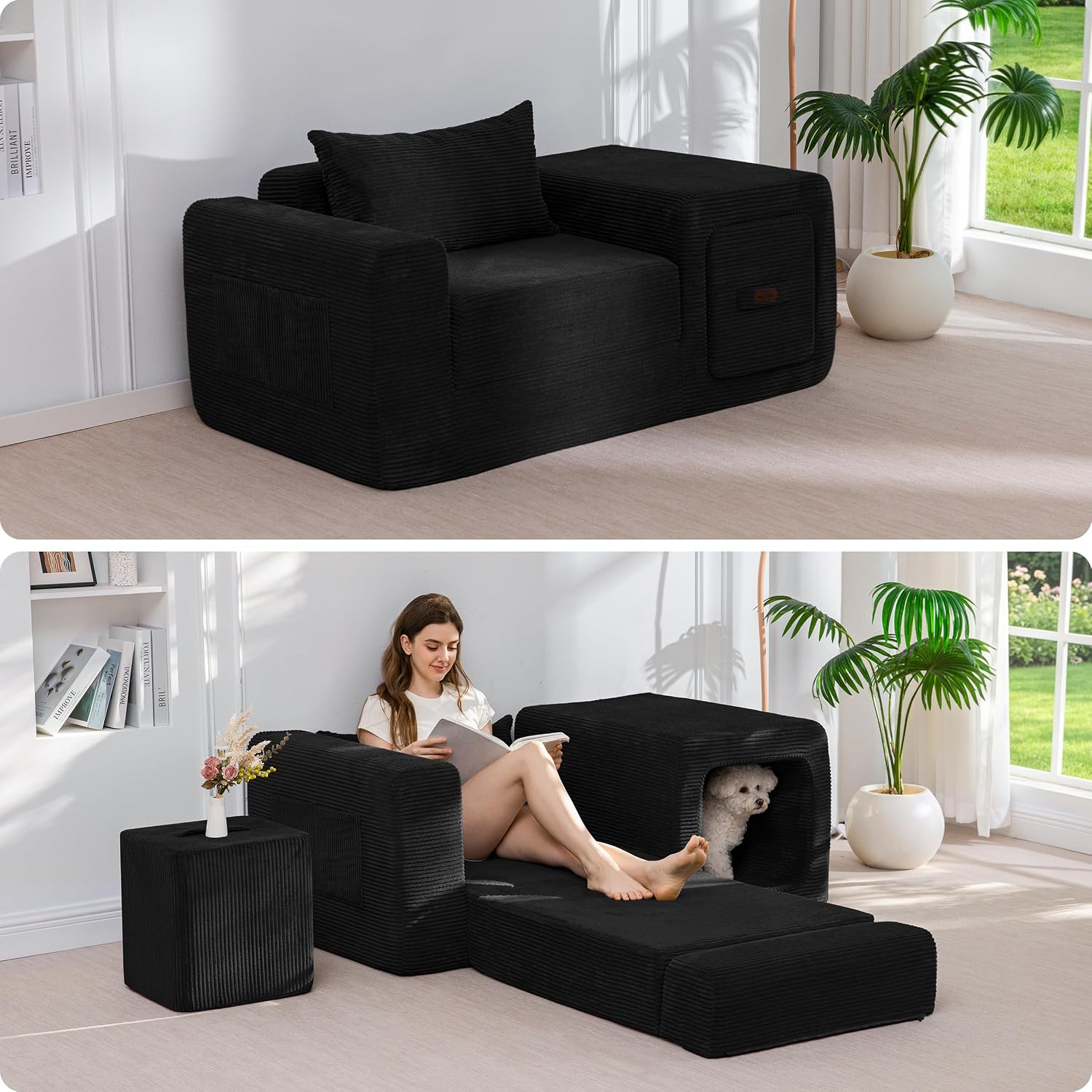 MAXYOYO Folding Sofa Couch, Convertible Floor Sofa with Armrest, Multifunctional Sofa with Pillow and Pockets, Couch for Living Room, Black